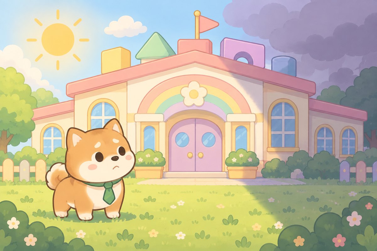 一隻柴犬站在幼兒園前，皺著眉望向被烏雲與陰影籠罩的另一側
