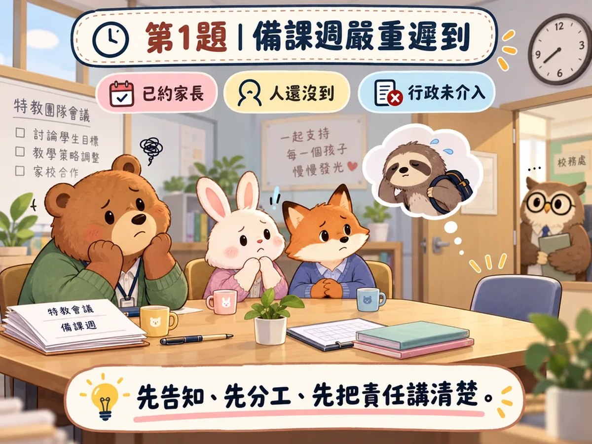 備課週嚴重遲到，家長已到，協作一開始就卡住：可愛動物情境插圖