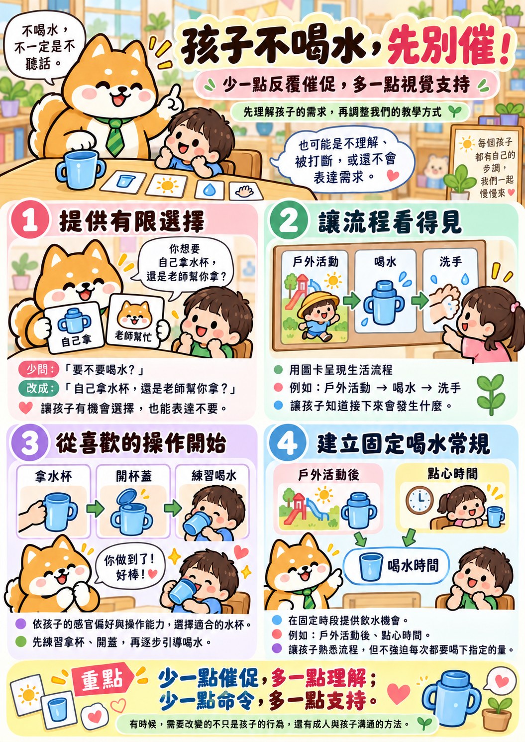 孩子不喝水，先別催！四個方法圖解：提供有限選擇、讓流程看得見、從喜歡的操作開始、建立固定喝水常規