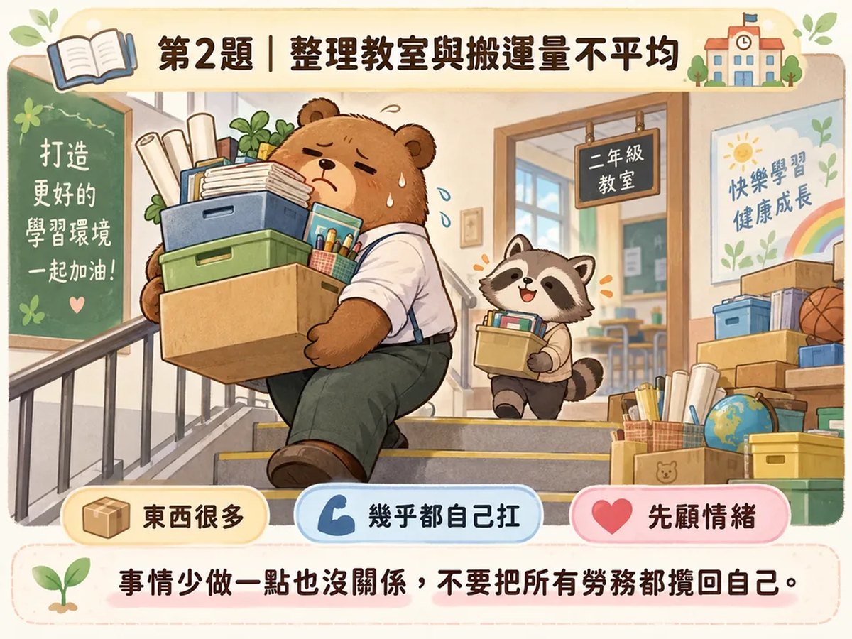 整理教室、搬運等工作量不平均，自己幾乎都在扛：可愛動物情境插圖