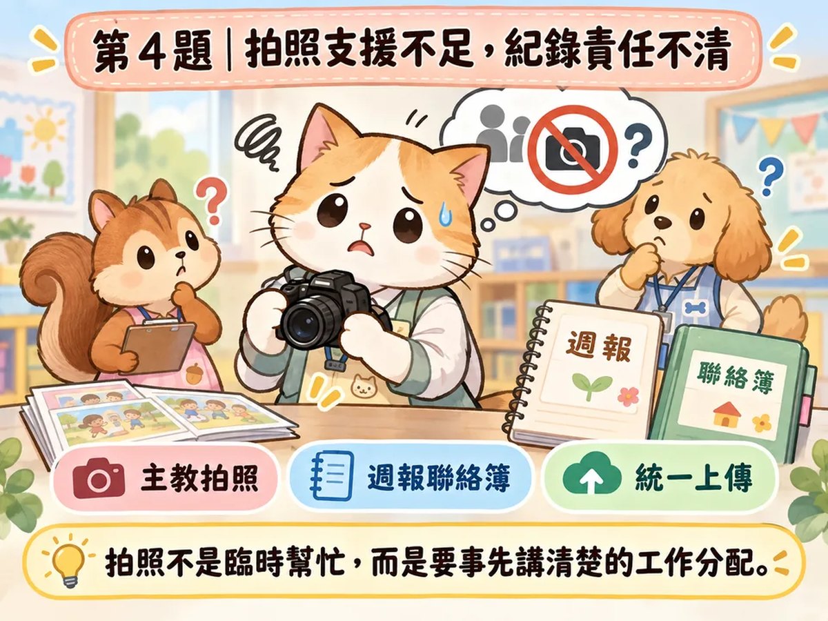 主教時缺乏拍照支援，拍照與紀錄責任不清：可愛動物情境插圖
