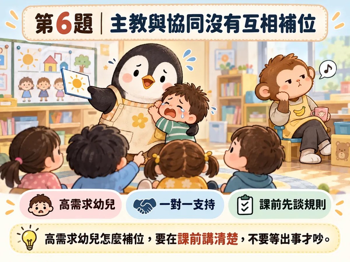 主教與協同沒有互相補位，高需求幼兒常被丟回來：可愛動物情境插圖