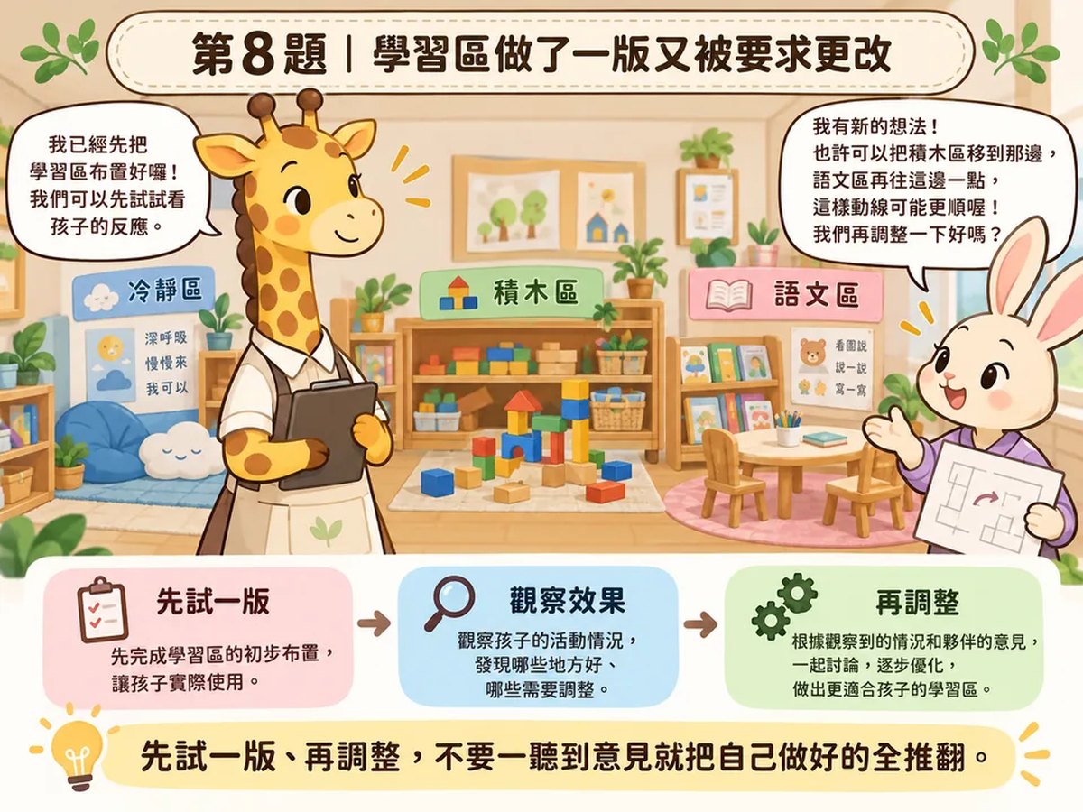 學習區已經做了一版，對方又要改，怎麼兼顧堅持與合作：可愛動物情境插圖