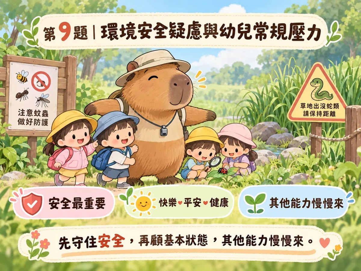環境有安全疑慮，幼兒常規又弱，現階段到底該先抓什麼：可愛動物情境插圖
